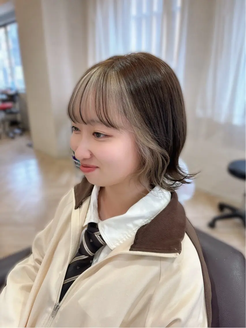ミディアム カラー ミストバング フェイスフレーミング デジタルパーマ特化 杉浦 夏生のヘアスタイル