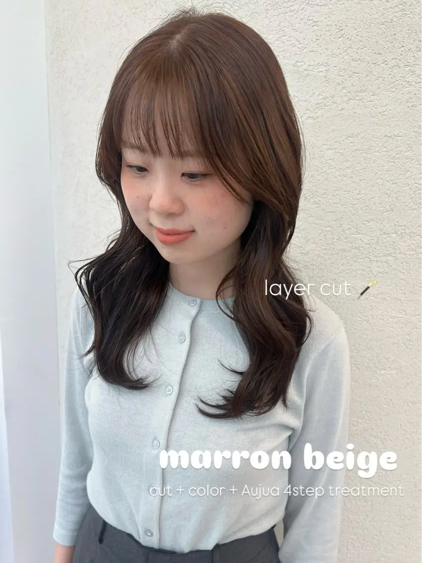 セミロング カラー 顔周りカット レイヤーカット 小顔カット カット ヘアカラー トリートメント 美髪矯正/髪質改善/ 艶髪🤍伊藤梨紗のヘアスタイル