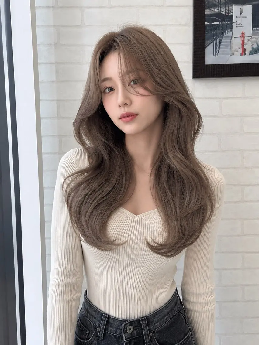 ロング 顔まわりレイヤー 顔周りカット ヨシンモリ 韓国風ヘア レイヤーカット カット 髪質改善 韓国風 池田一之のヘアスタイル