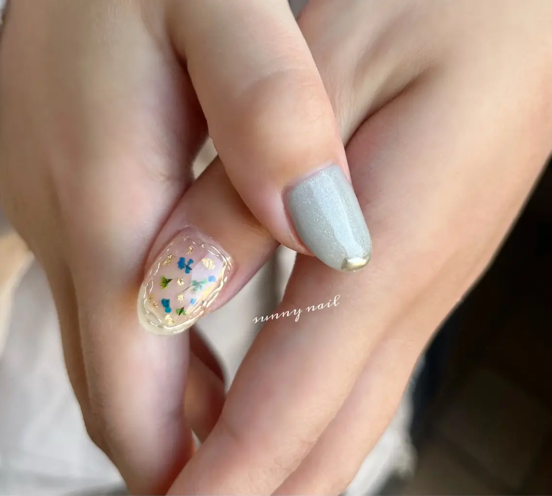 ネイル ジェルネイル グリーン 水色 マグネットネイル ミラーネイル sunny nailのネイルデザイン