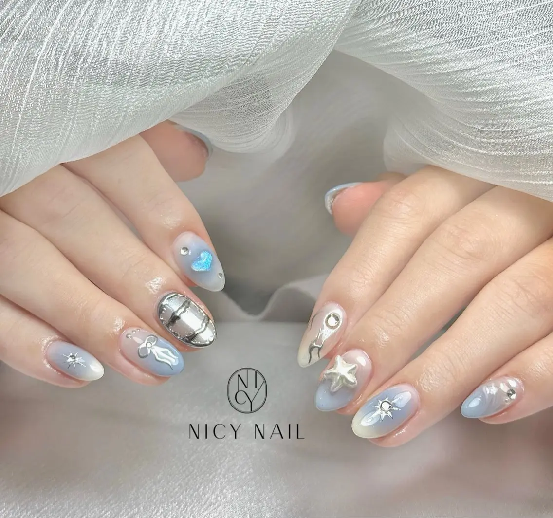 ネイル アートネイル オーロラネイル ブルー チークネイル フットネイル ハンドネイル NICY NAIL 池袋のネイルデザイン