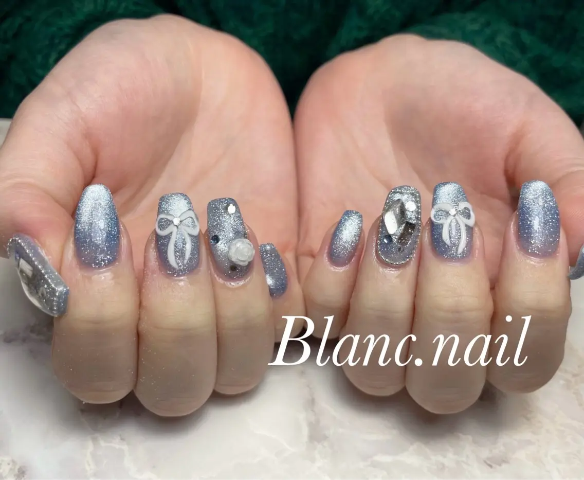 ネイル ジェルネイル マグネットネイル ニュアンスネイル パラジェル リボン ハンドネイル BLANC.nail yuuのネイルデザイン