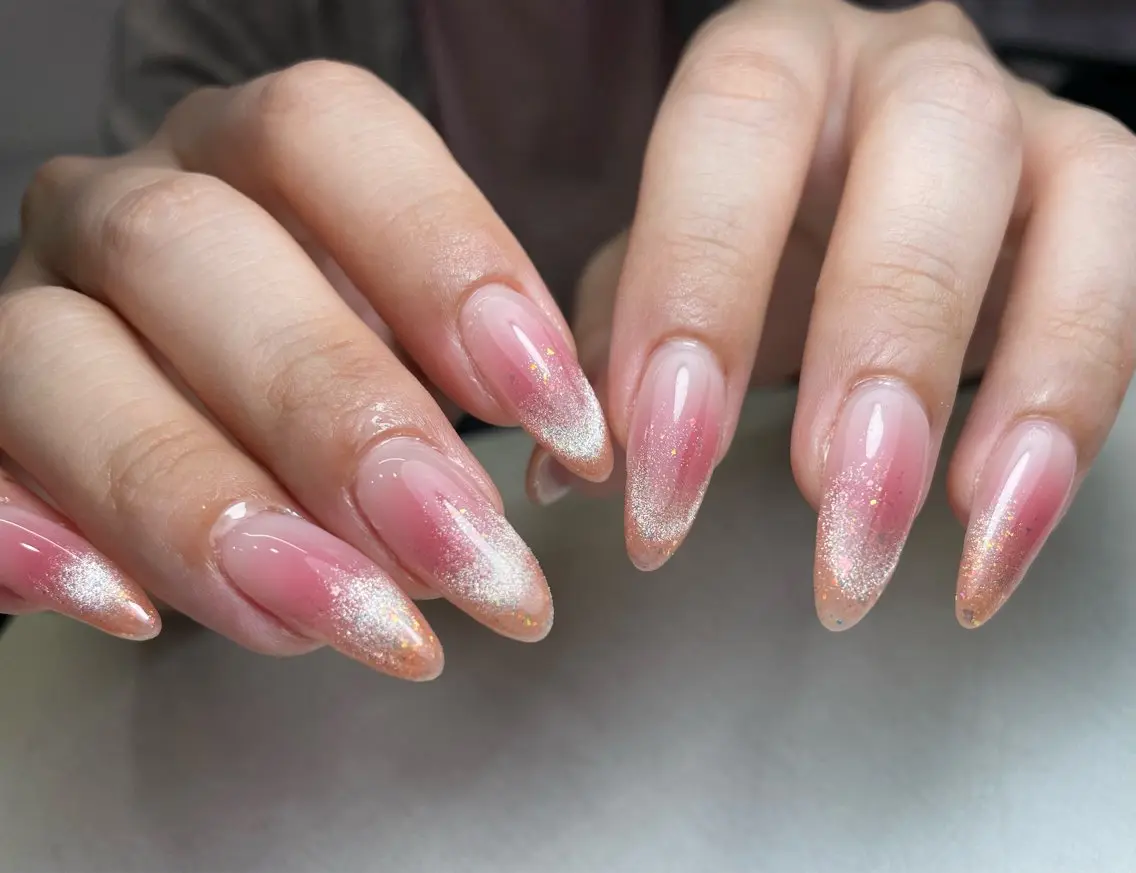 ネイル チークネイル フレンチネイル ジェルネイル ラメ(グリッター) ラメグラデーション MEO NAIL 中野 研修ネイリストのネイルデザイン