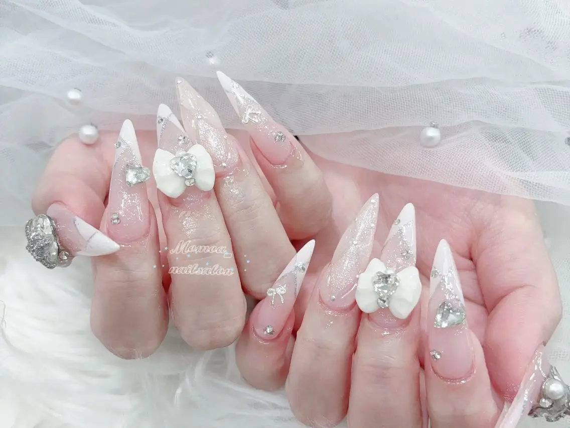 ネイル 成人式 マグネットネイル 大理石ネイル(マーブル) リボン 夏ネイル ハンドネイル MoMoA Nail ネイル長さ出し専門店のネイルデザイン