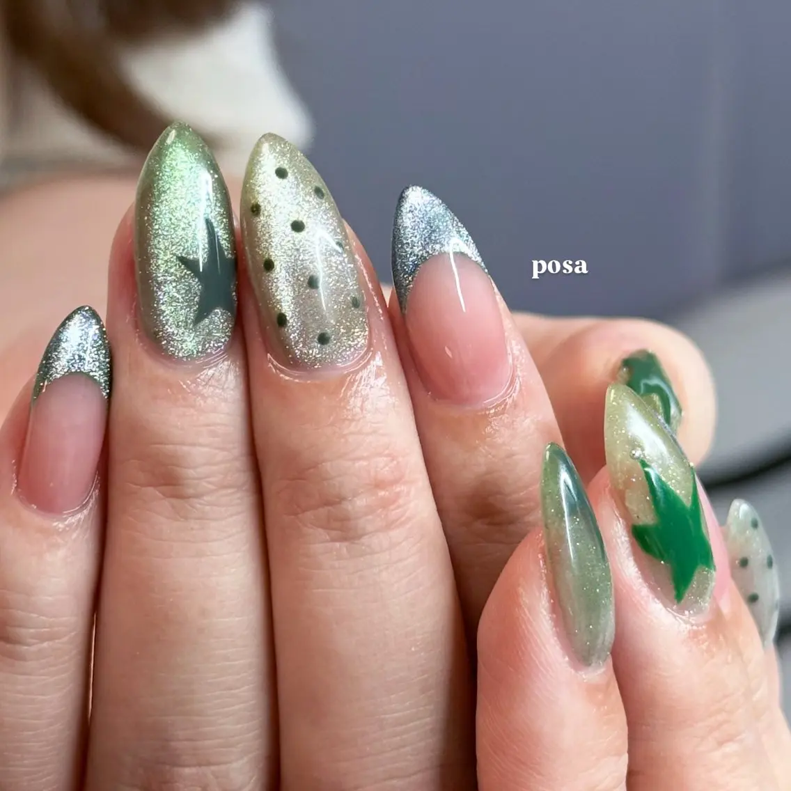 ネイル グリーン マグネットネイル 持ち込み シンプルネイル ハンドネイル posa nail モエミのネイルデザイン