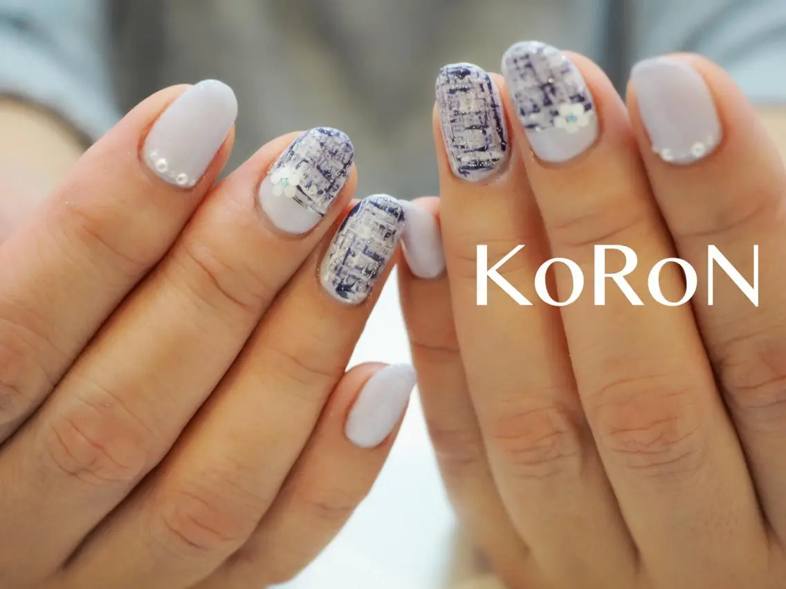 ネイル ブルー ツイードネイル ハンドネイル 自宅サロン鎌倉 KORONのネイルデザイン