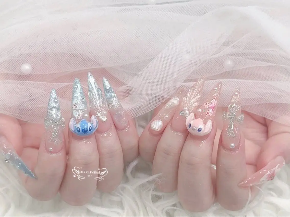 ネイル 成人式 大理石ネイル(マーブル) リボン 夏ネイル ネイルチップ ハンドネイル MoMoA Nail ネイル長さ出し専門店のネイルデザイン