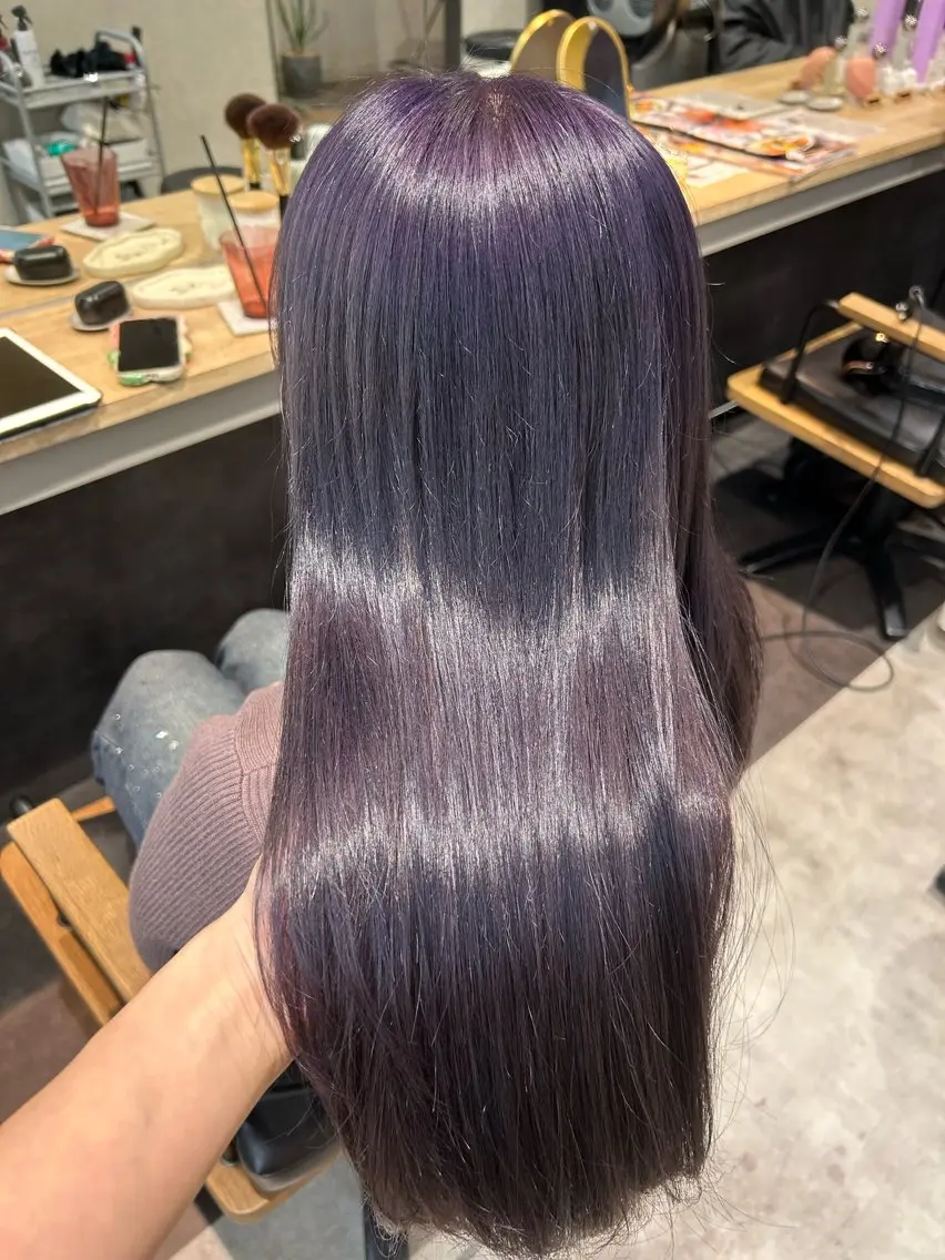 ロング カラー ブリーチ グレージュ ラベンダーカラー ラベンダーグレージュ ラベンダーグレー カット ヘアカラー トリートメント hubhair レイヤー/透明感のヘアスタイル