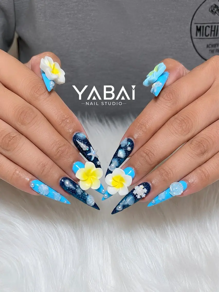 ネイル アートネイル ブルー ロングネイル 持ち込み ネイビー YABAI NailStudioのネイルデザイン