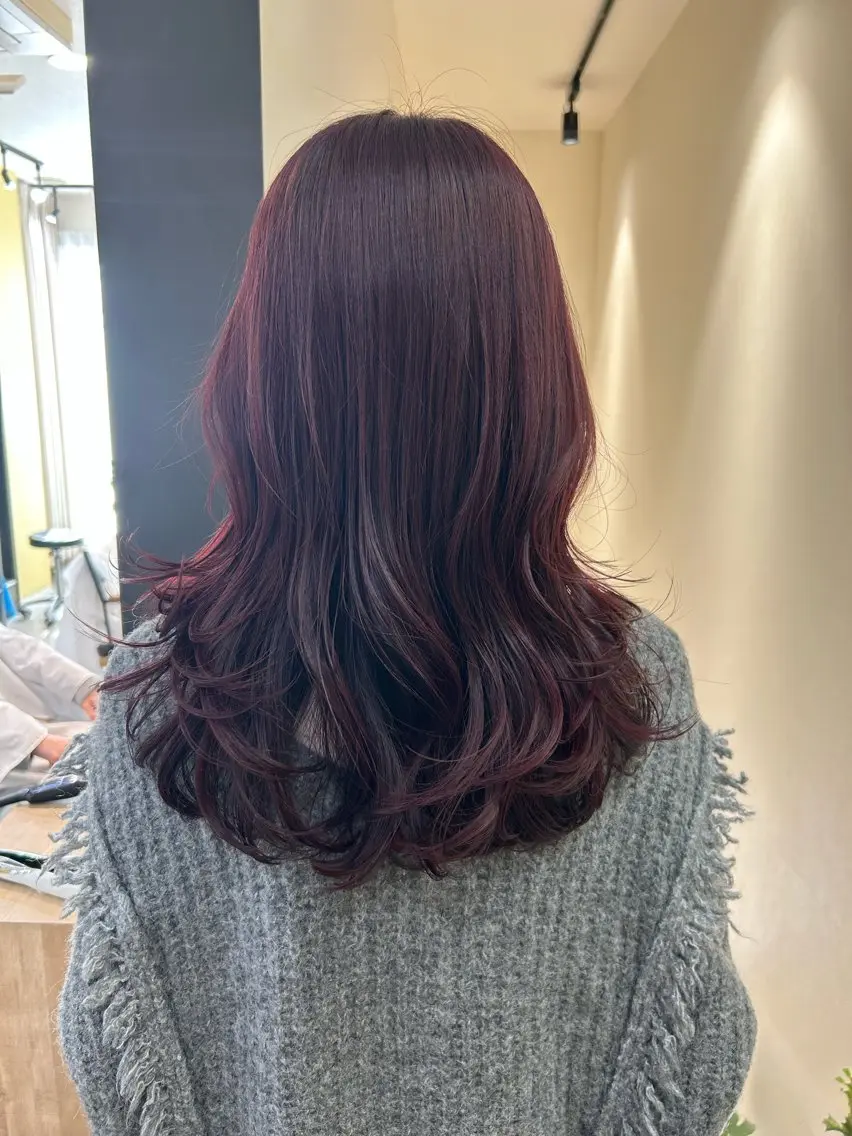 セミロング カラー ブリーチ ボルドーカラー ブリーチなしカラー カット ヘアカラー トリートメント hubhair レイヤー/透明感のヘアスタイル