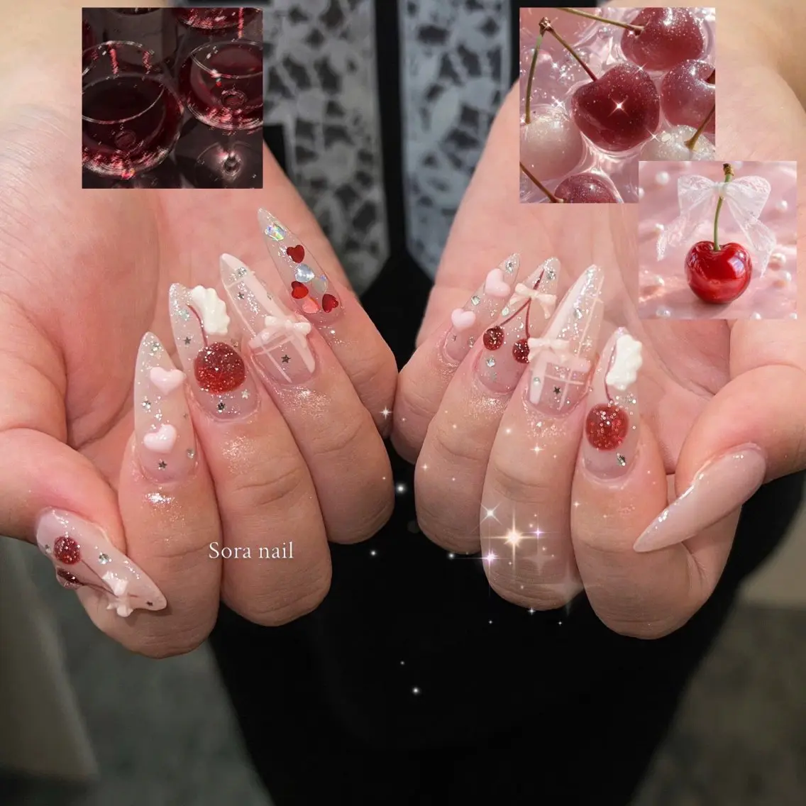 ネイル ガーリー ハート 韓国ネイル ニュアンスネイル リボン ハンドネイル Sora nail 長さ出し専門店のネイルデザイン
