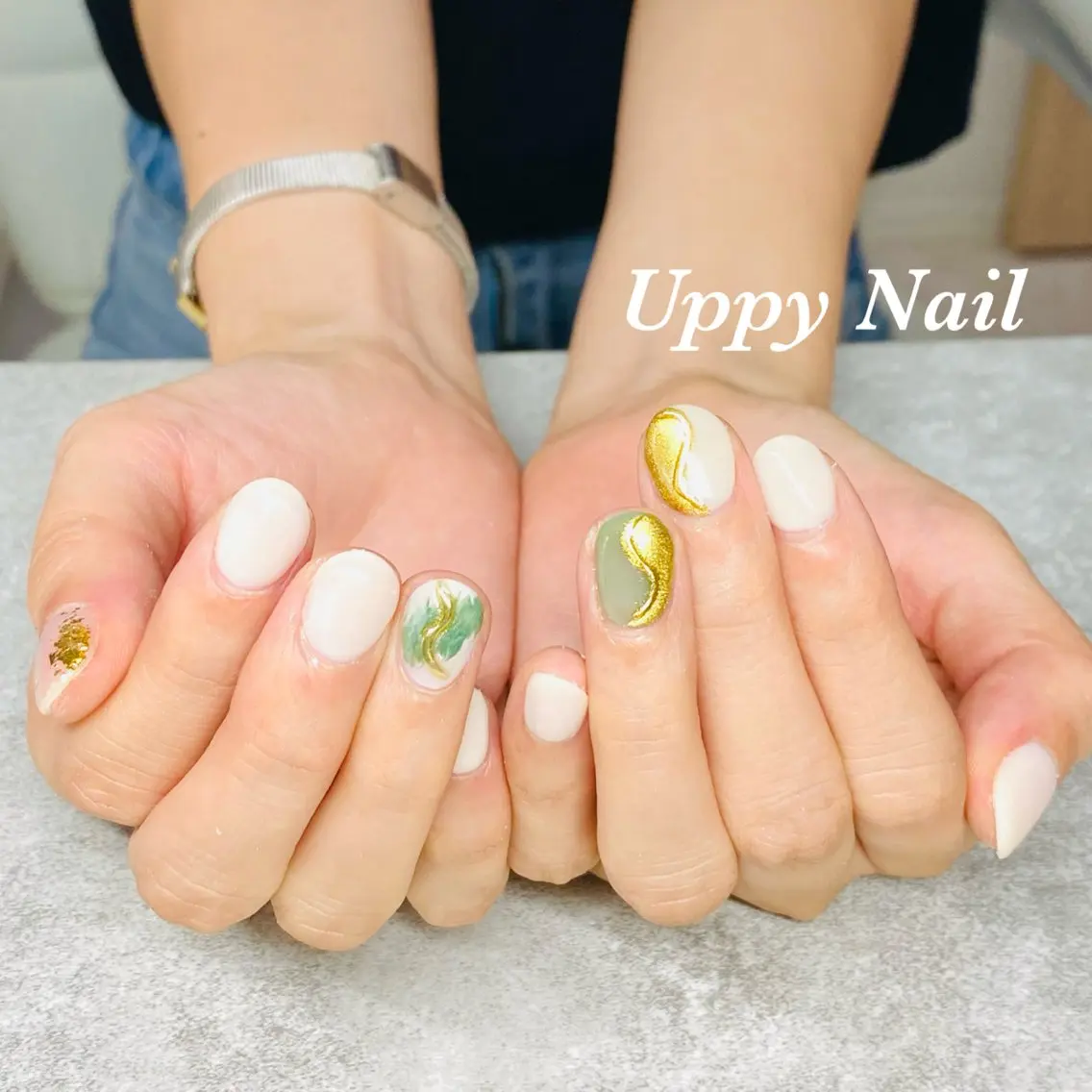 ネイル ゴールド ゴージャス グリーン ミラーネイル ホワイト ハンドネイル Uppy Nail ukyoのネイルデザイン