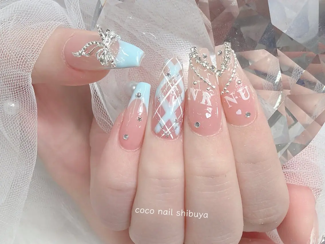 ネイル 成人式 大理石ネイル(マーブル) リボン 夏ネイル ネイルチップ ハンドネイル CoCo Nail 長さ出し専門店のネイルデザイン