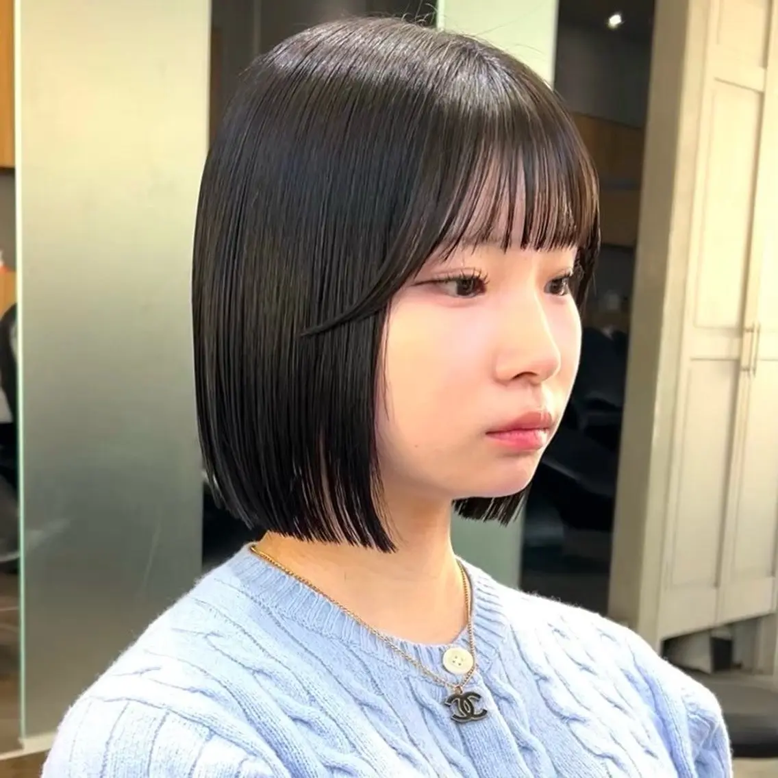 ショート 切りっぱなしボブ ボブ 似合わせカット カット 縮毛矯正 盛れる顔まわりカット 髪質改善/渋谷/れんのヘアスタイル