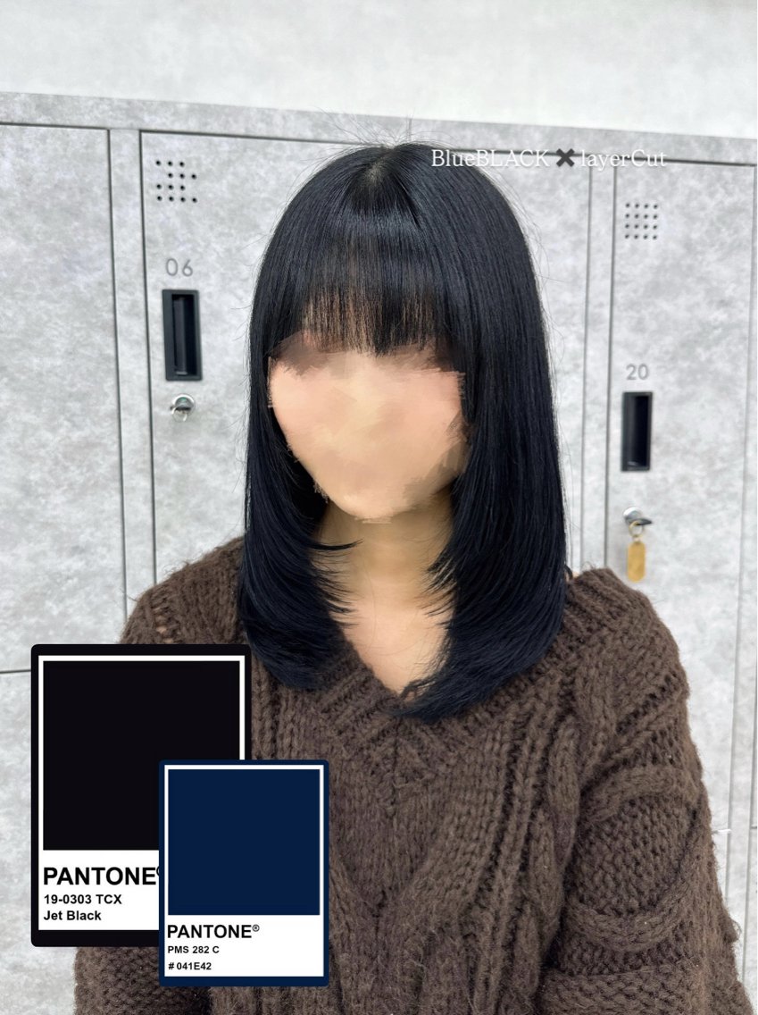 ロング カラー 黒髪 ブルーカラー ブルーブラック 顔まわりレイヤー 髪質改善 ヘアカラー トリートメント ゆな/髪質改善 ・透明感カラー🎀のヘアスタイル