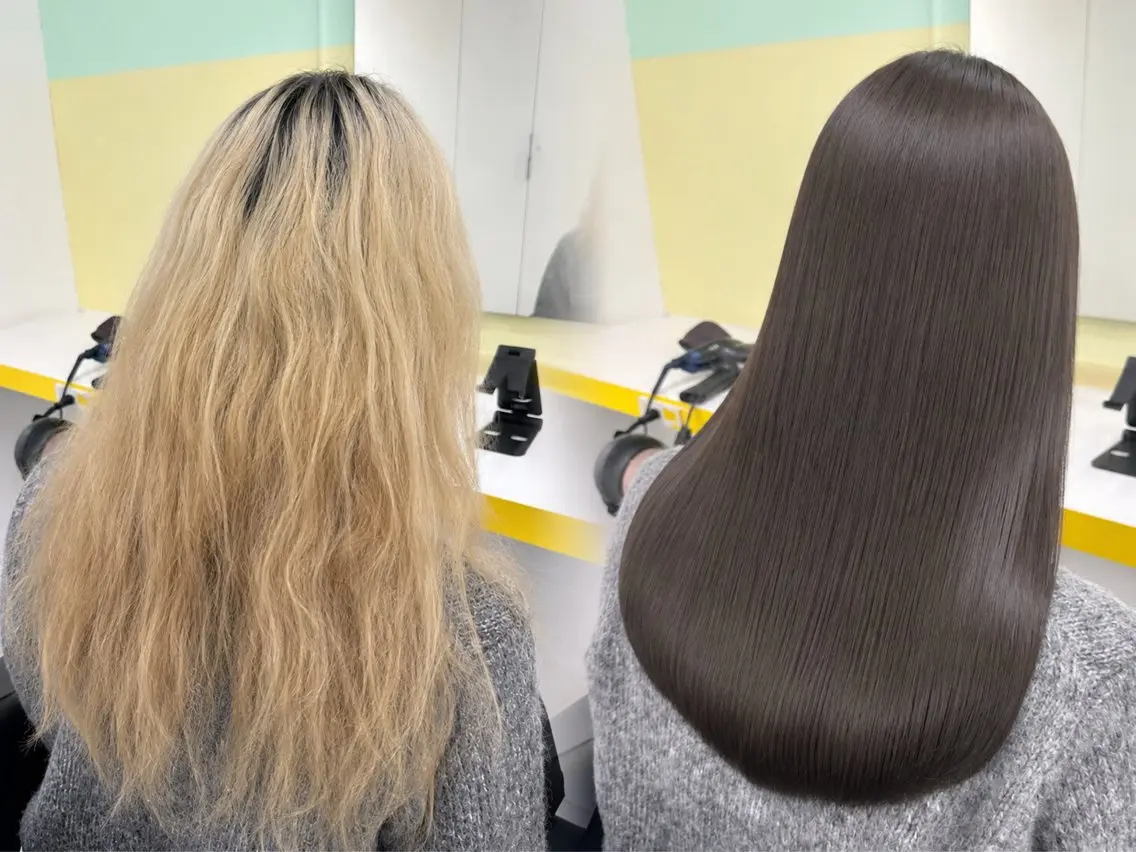 ロング カラー カット ヘアカラー 縮毛矯正 トリートメント ブリーチ縮毛矯正加藤 赤み無し透明感ヘアのヘアスタイル