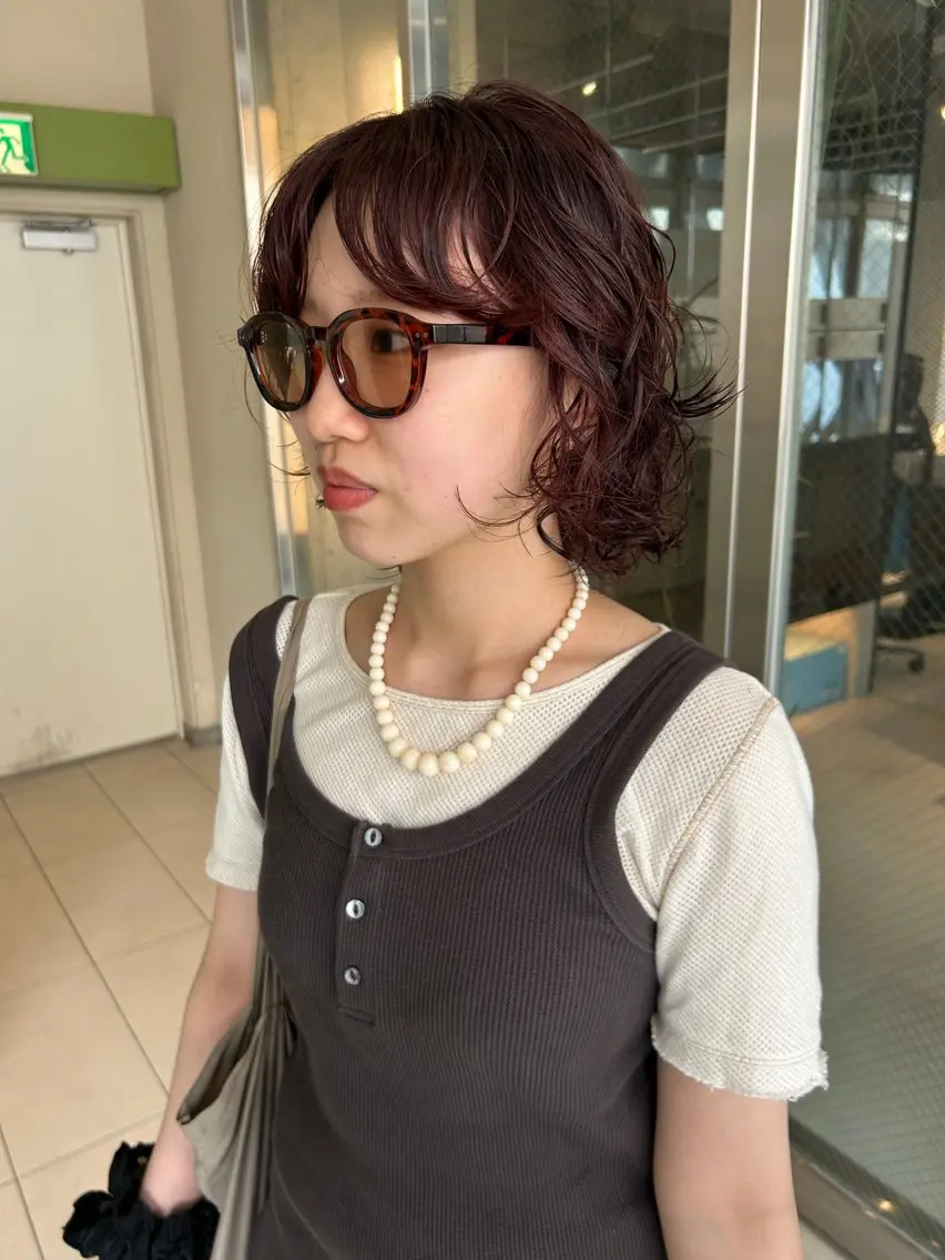 ショート カラー パーマ ボブレイヤー ブラウンカラー レッドカラー レッドブラウン ボブ baLon.fem/ 澤田 奈々子のヘアスタイル