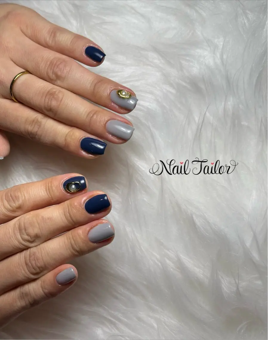 ネイル 長さ出し ネイビー ショートネイル スクエアネイル ハンドネイル NailTailor ネイルテイラーのネイルデザイン
