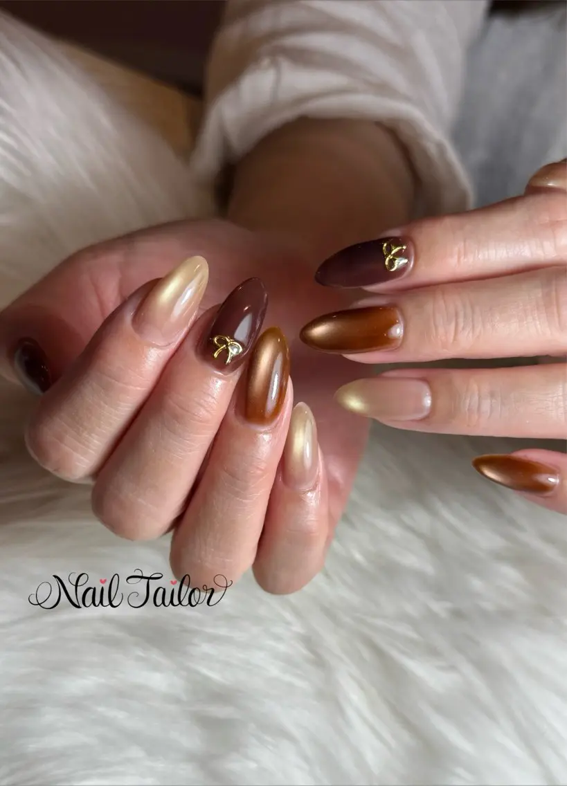 ネイル ブラウン 韓国ネイル リボン ハンドネイル NailTailor ネイルテイラーのネイルデザイン