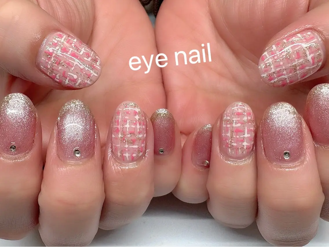 ネイル フレンチネイル ラメ(グリッター) マグネットネイル ピンク ツイードネイル ハンドネイル Eye nailのネイルデザイン