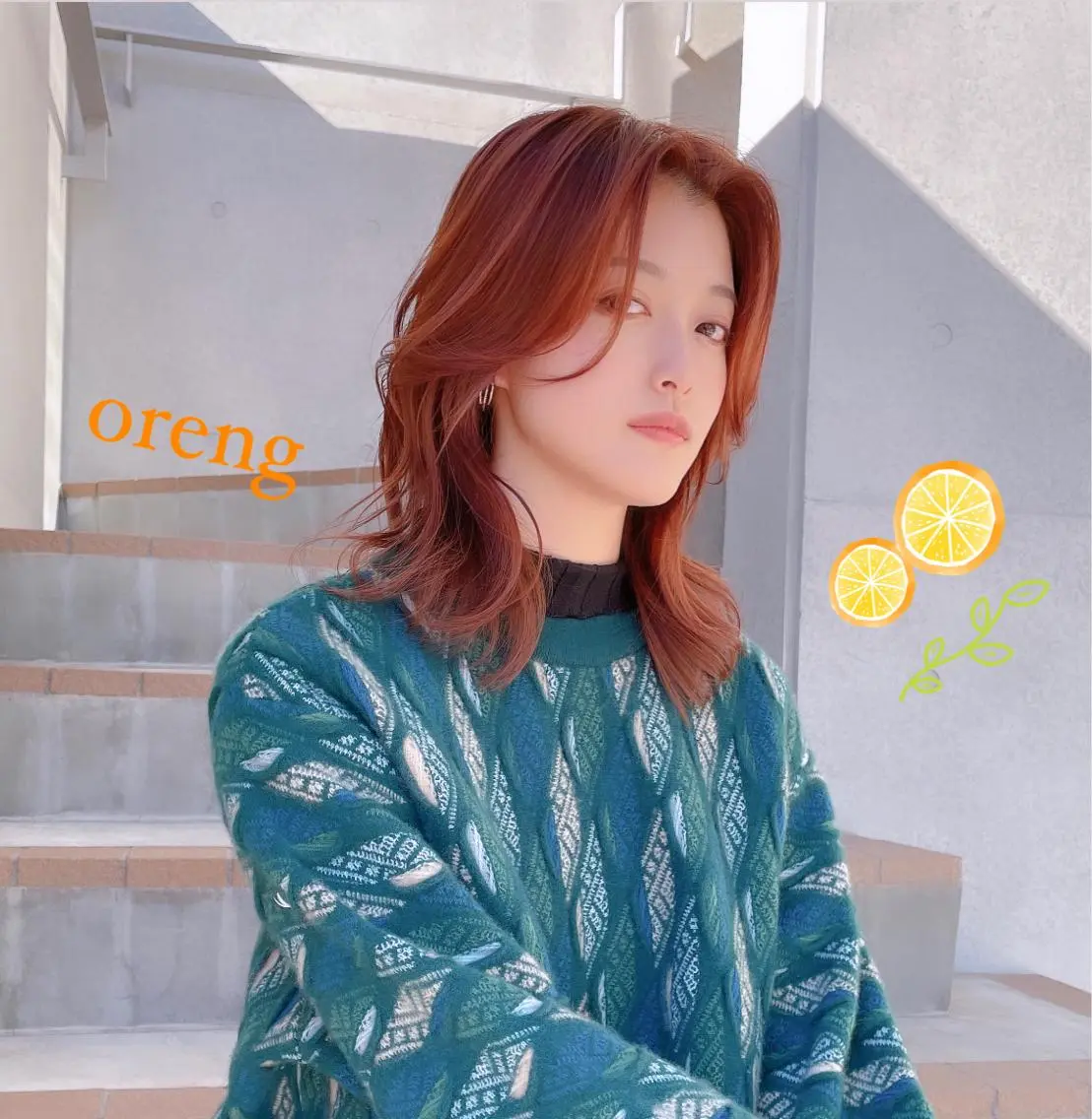 セミロング カラー オレンジ くびれヘア 韓国風ヘア カット ヘアカラー トリートメント 透明感カラー×小 顔レイヤー♡ヒデさんのヘアスタイル