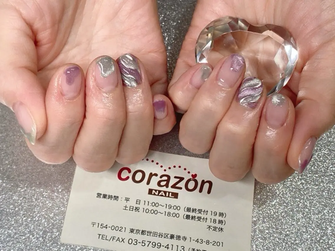 ネイル マグネットネイル パープル シルバー ネイリスト aicoのネイルデザイン