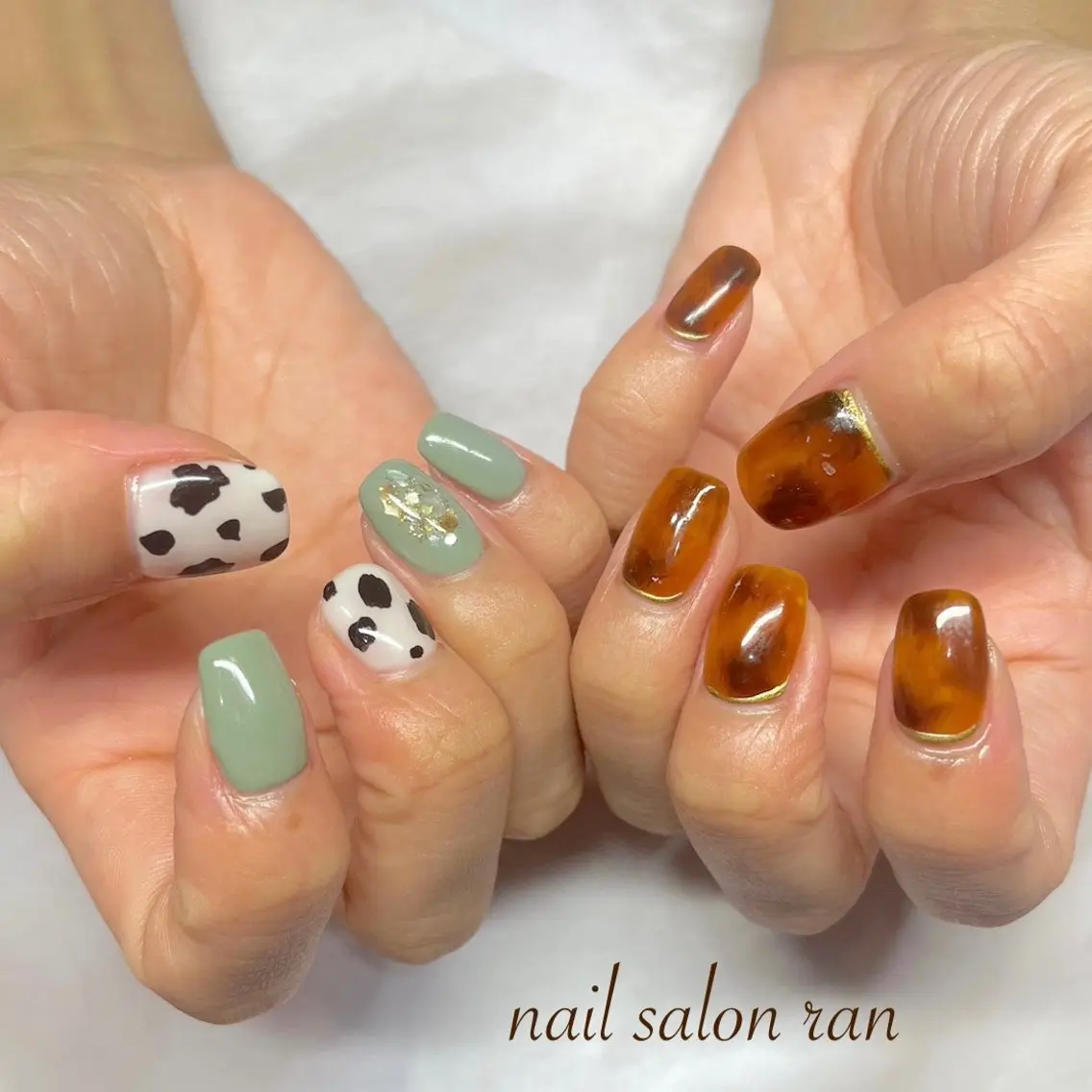 ネイル べっ甲ネイル グリーン ハンドネイル ハンドケア nailsalon ranのネイルデザイン