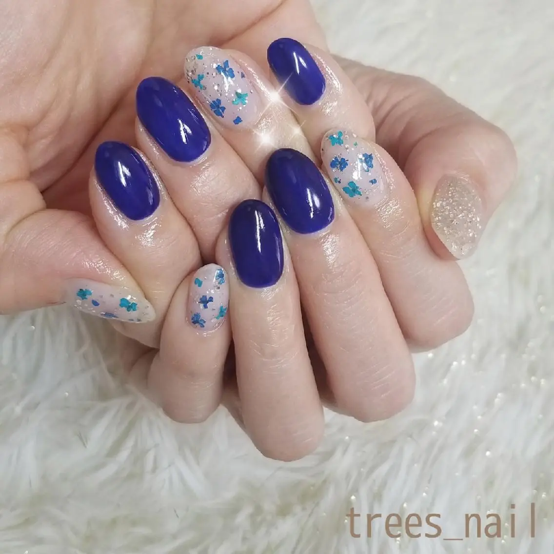 ネイル ブルー フラワーネイル ジェルネイル パラジェル 春ネイル ハンドネイル フットネイル trees_ nailのネイルデザイン