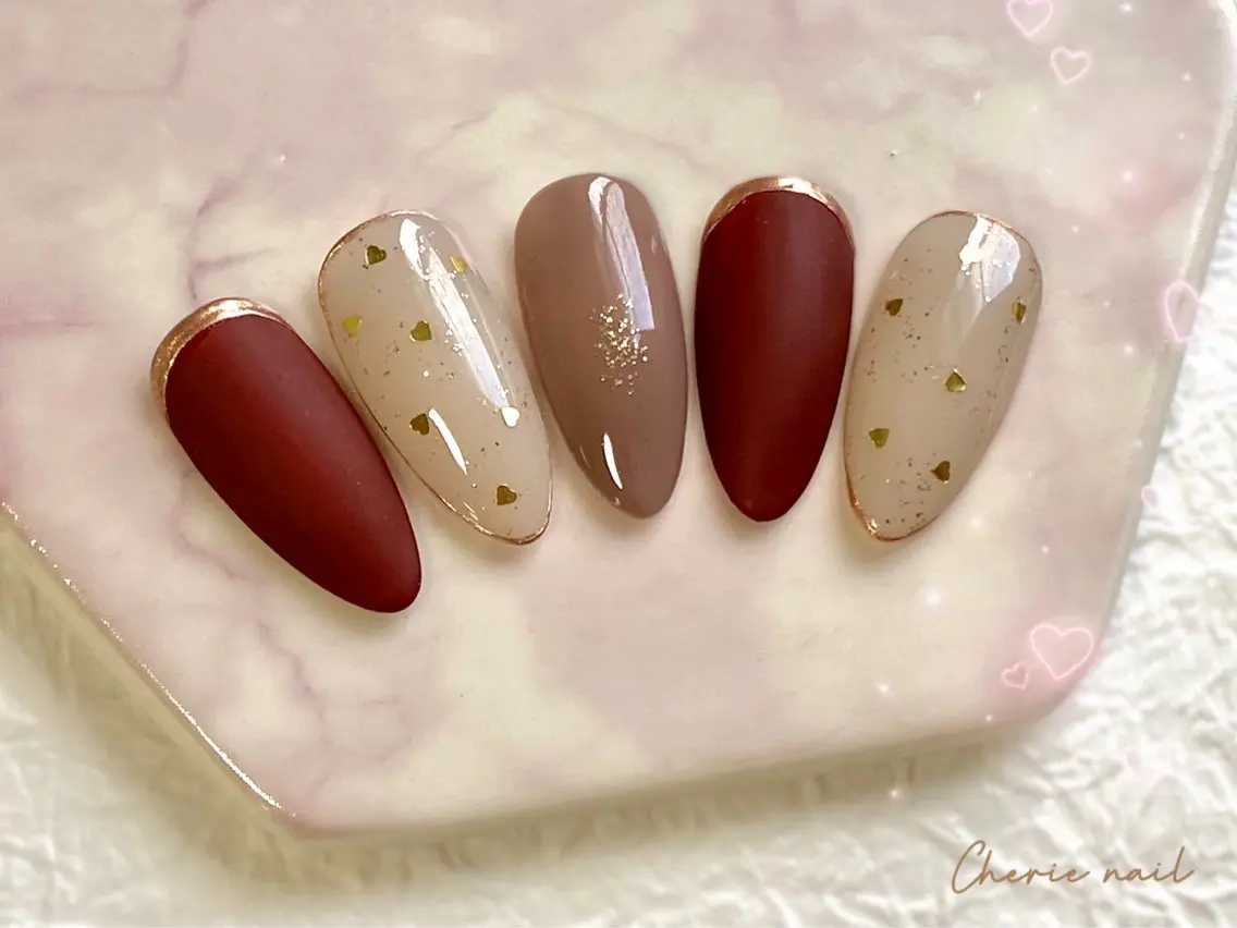 ネイル ボルドー ジェルネイル ハート マットネイル ミラーネイル ハンドネイル Cherienail yunaのネイルデザイン