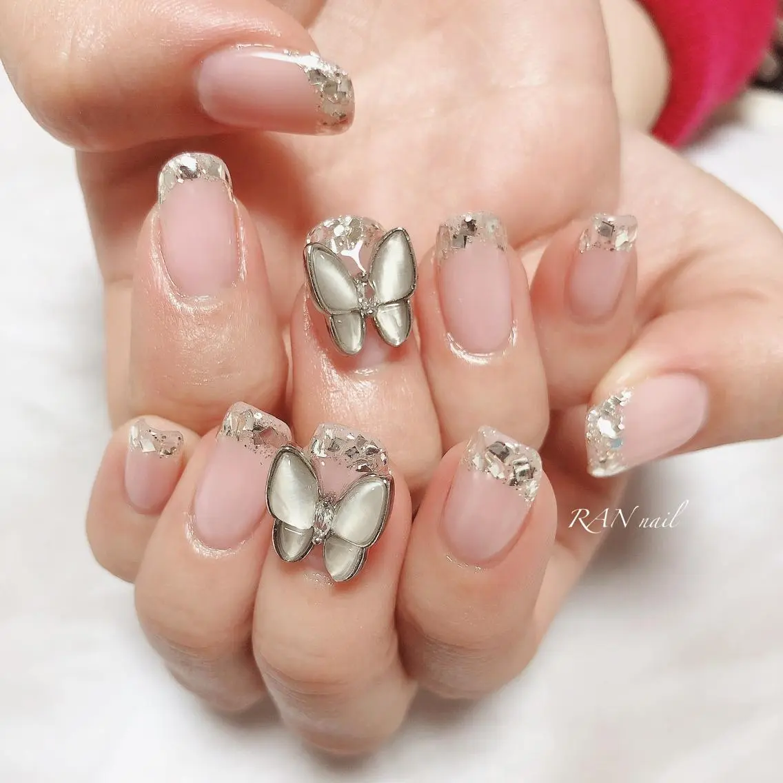 ネイル フレンチネイル ガラスフレンチ ハート ラメ(グリッター) オフィスネイル ハンドネイル フットネイル RAN nailのネイルデザイン