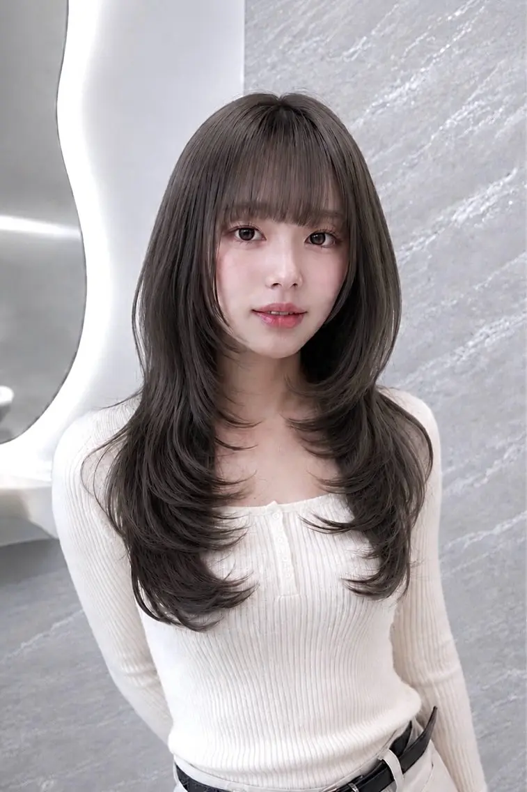セミロング カラー ヘアアレンジ 黒髪 ブルーカラー ブルーブラック 透明感カラー グレージュ カット ヘアカラー 🖤kana韓国ヘア 艶髪カラー特化🖤のヘアスタイル