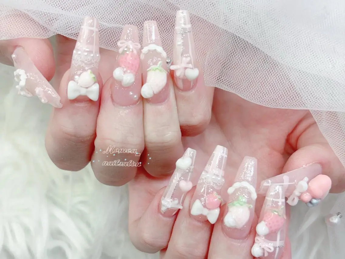 ネイル 成人式 マグネットネイル 大理石ネイル(マーブル) リボン 夏ネイル ハンドネイル MoMoA Nail ネイル長さ出し専門店のネイルデザイン