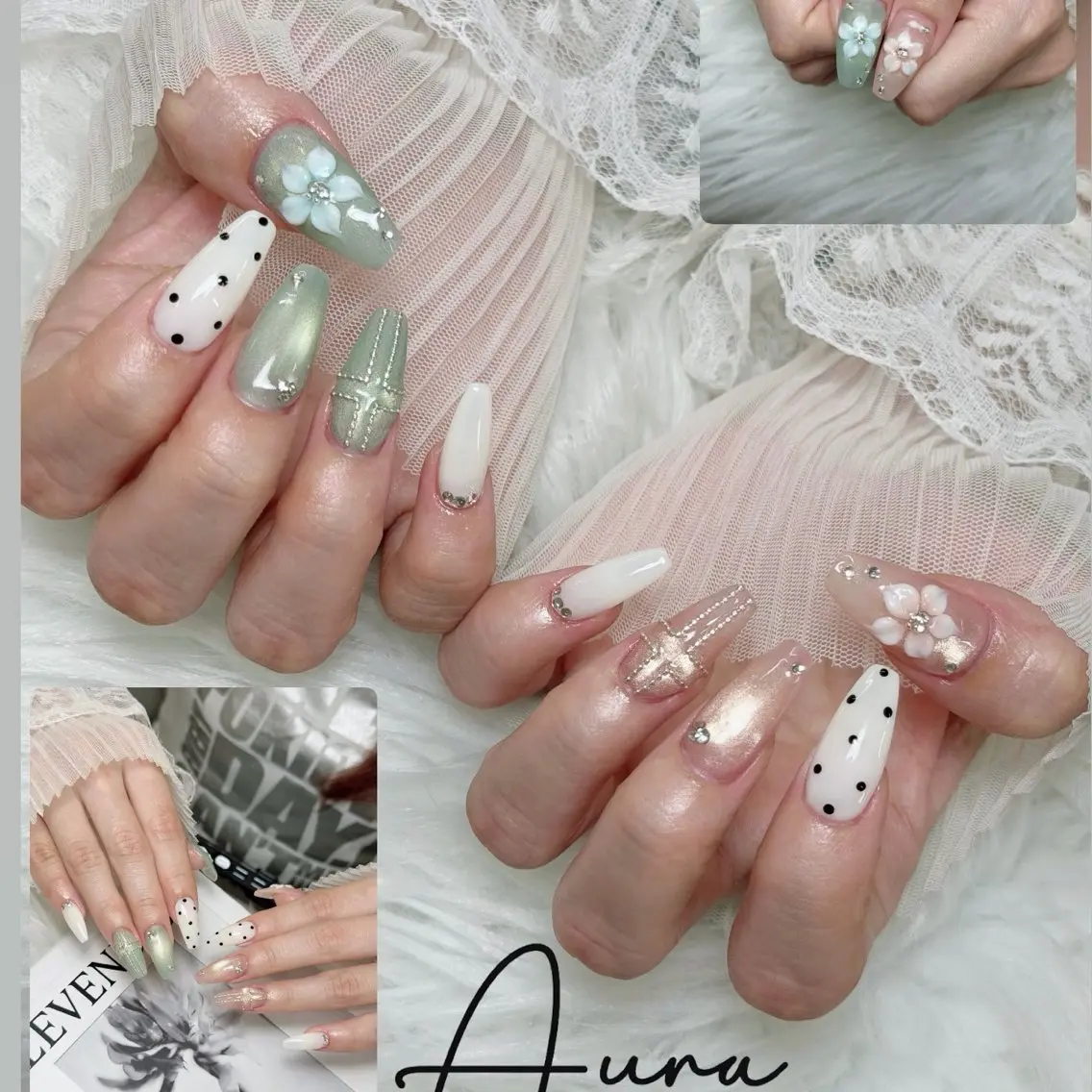ネイル フラワーネイル ジェルネイル ガーリー グリーン キラキラネイル ハンドネイル Aura Nail Studioのネイルデザイン