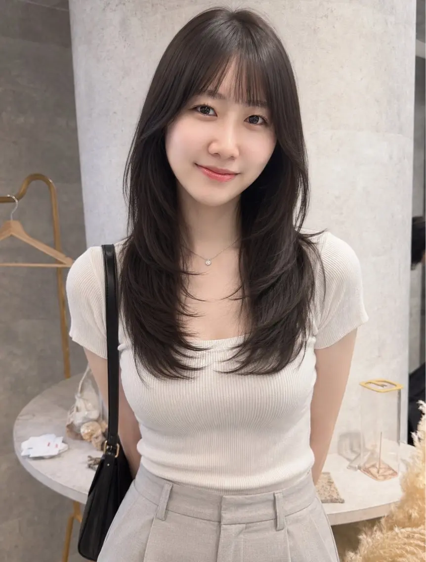 ロング くびれヘア ハッシュカット 韓国風ヘア レイヤーカット ロング カット ヘアカラー 新宿/韓国レイヤー/ 顔まわり透明感カラーのヘアスタイル