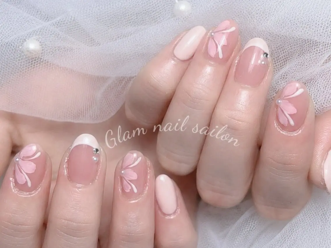 ネイル ハンドネイル エツメ💅 長さ出し🎀デザインのネイルデザイン