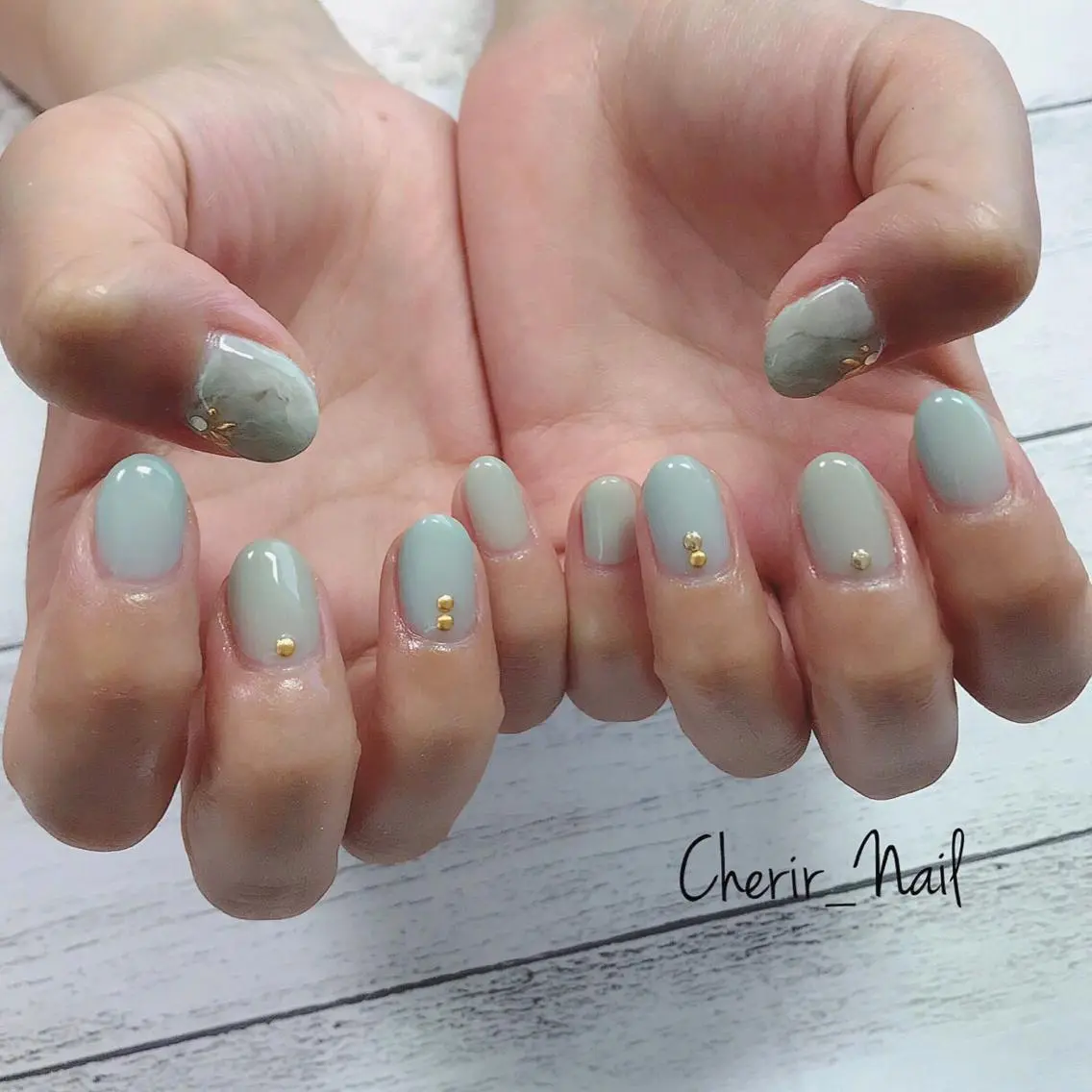 ネイル アートネイル カジュアル グリーン 大理石ネイル(マーブル) ニュアンスネイル Cherirnail kaoriのネイルデザイン