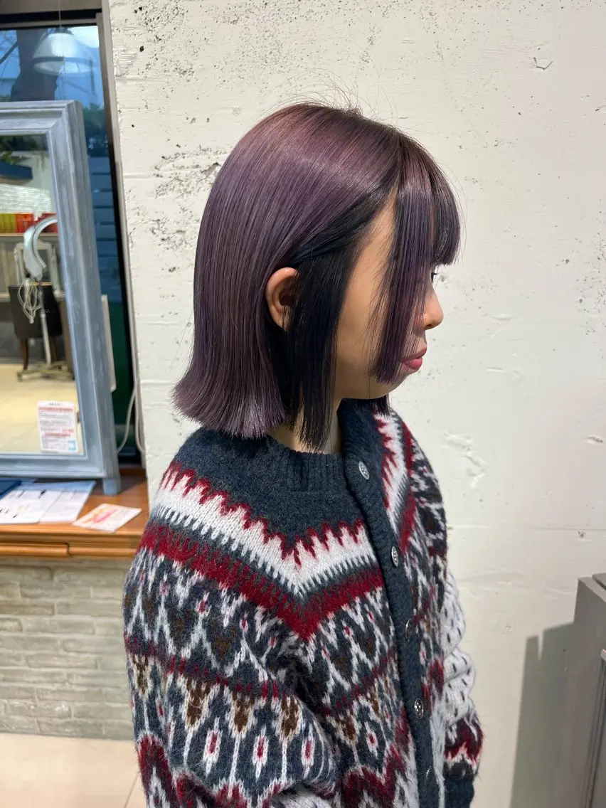 ミディアム カラー パーマ ヘアアレンジ ミストバング 黒髪 ブリーチ  フェイスフレーミング ラベンダーカラー ボブ/レイヤー/ nanamiのヘアスタイル