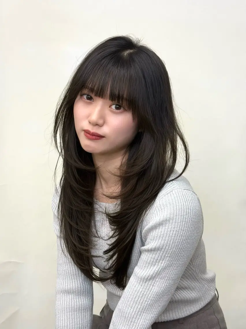 ロング アッシュ 髪質改善 韓国風ヘア レイヤーカット おくれ毛 カット トリートメント 髪質改善カラー🦋 レイヤー/ナカネのヘアスタイル