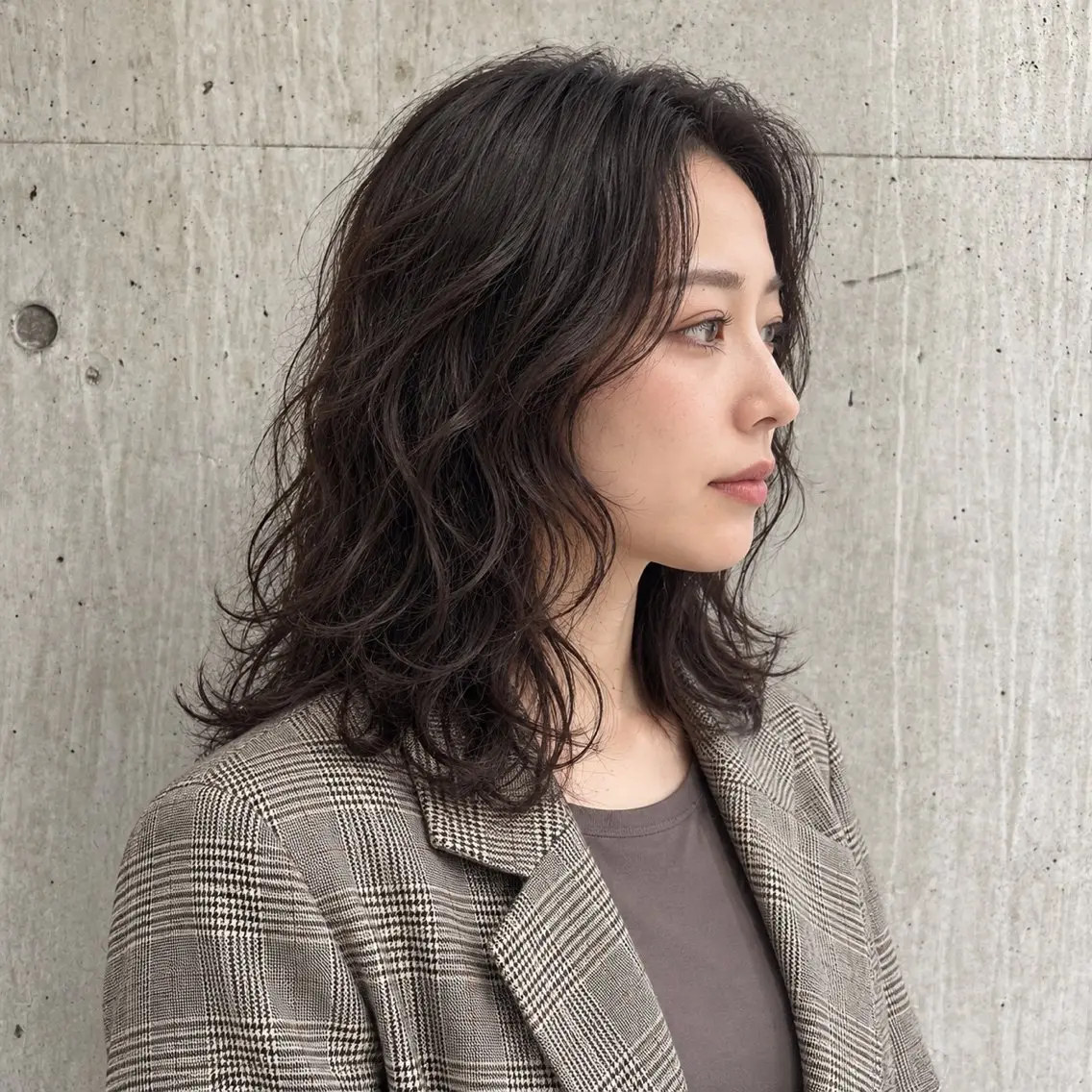ミディアム パーマ ミディアムパーマ くせ毛 顔まわりレイヤー レイヤーカット デジタルパーマ カット パーマ NAGANO/朝ラク くせ毛風パーマのヘアスタイル