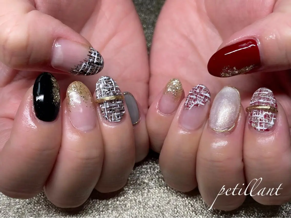ネイル アートネイル ボルドー ラメ(グリッター) ツイードネイル nail salon petillantのネイルデザイン