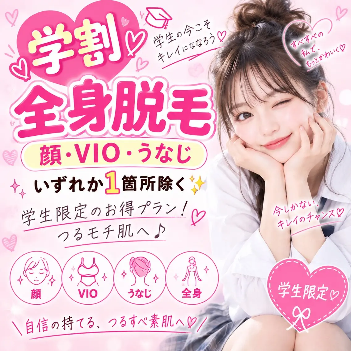💘学割💘【全身脱毛】顔・VIO・うなじ いずれか1箇所除く✨ 学生限定のお得プラン!つるモチ肌へ♪の写真