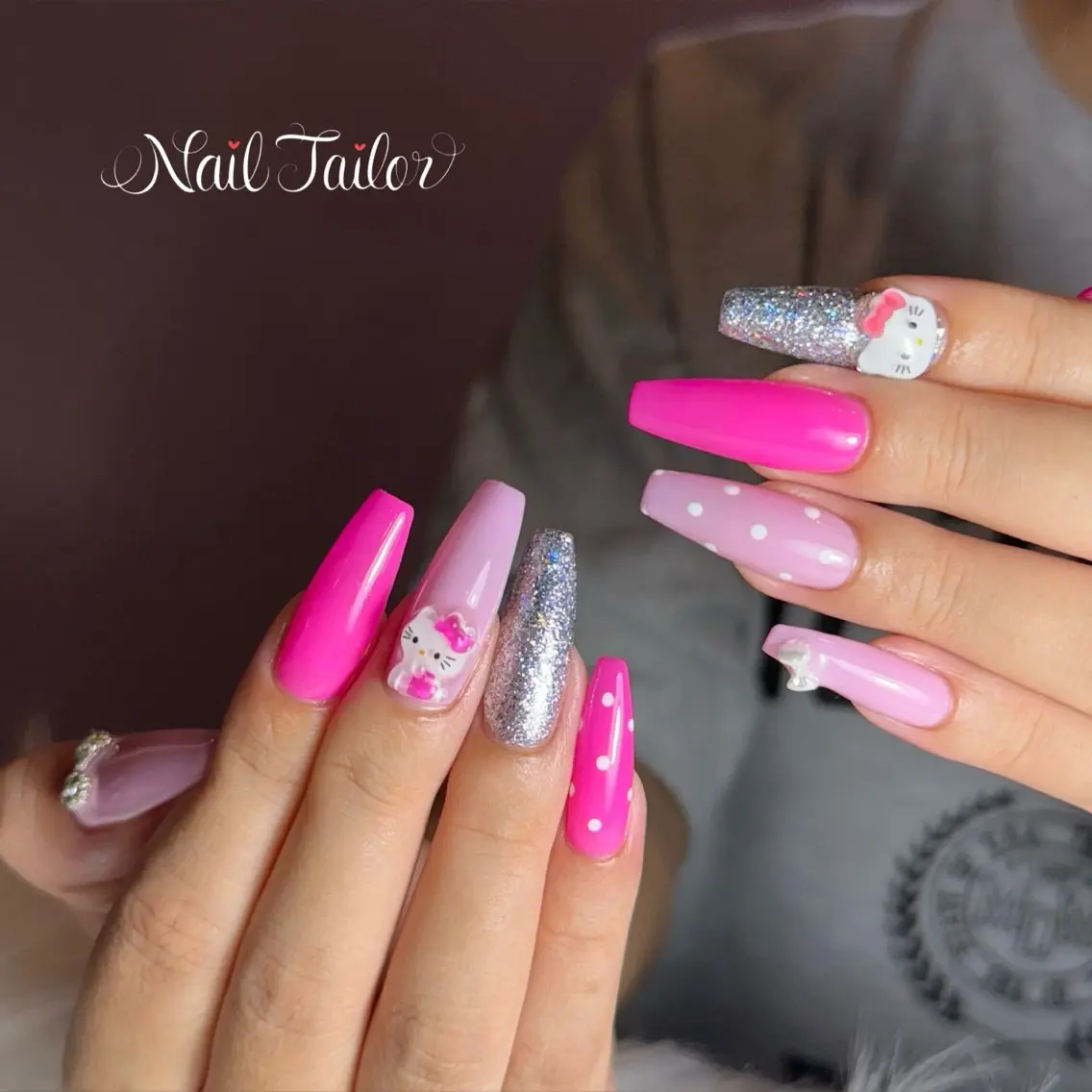 ネイル ドット 長さ出し ロングネイル ワンカラーネイル リボン NailTailor ネイルテイラーのネイルデザイン