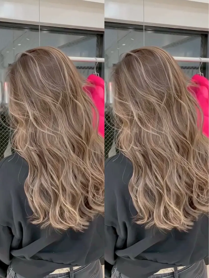 ロング カラー バレイヤージュ ベージュカラー ハイライトカラー ミルクティーベージュ ハイライト カット ヘアカラー トリートメント 表参道/ハイライト バレイヤージュのヘアスタイル