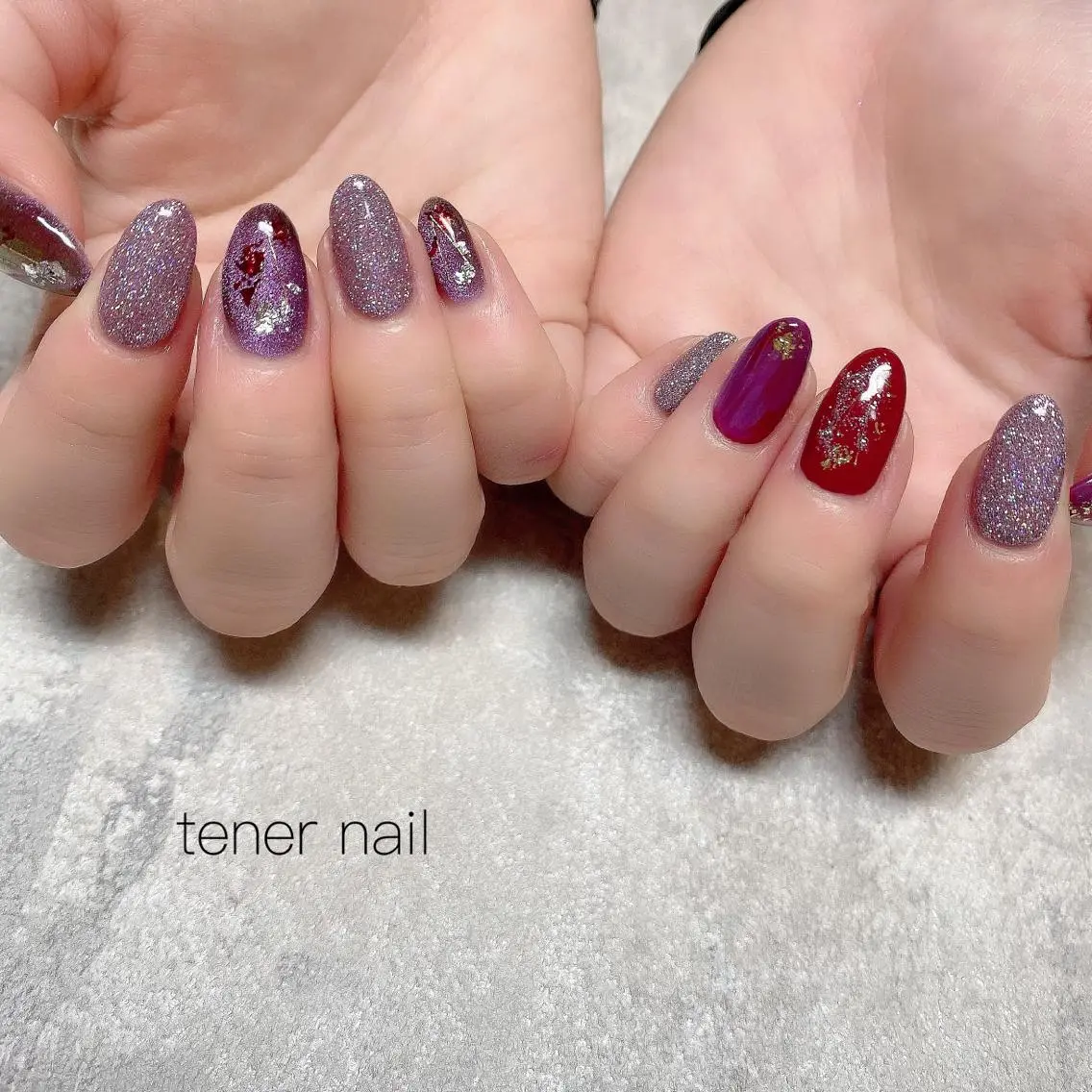 ネイル オーロラネイル フラッシュネイル ラメ(グリッター) パープル テネルネイル tener nailのネイルデザイン