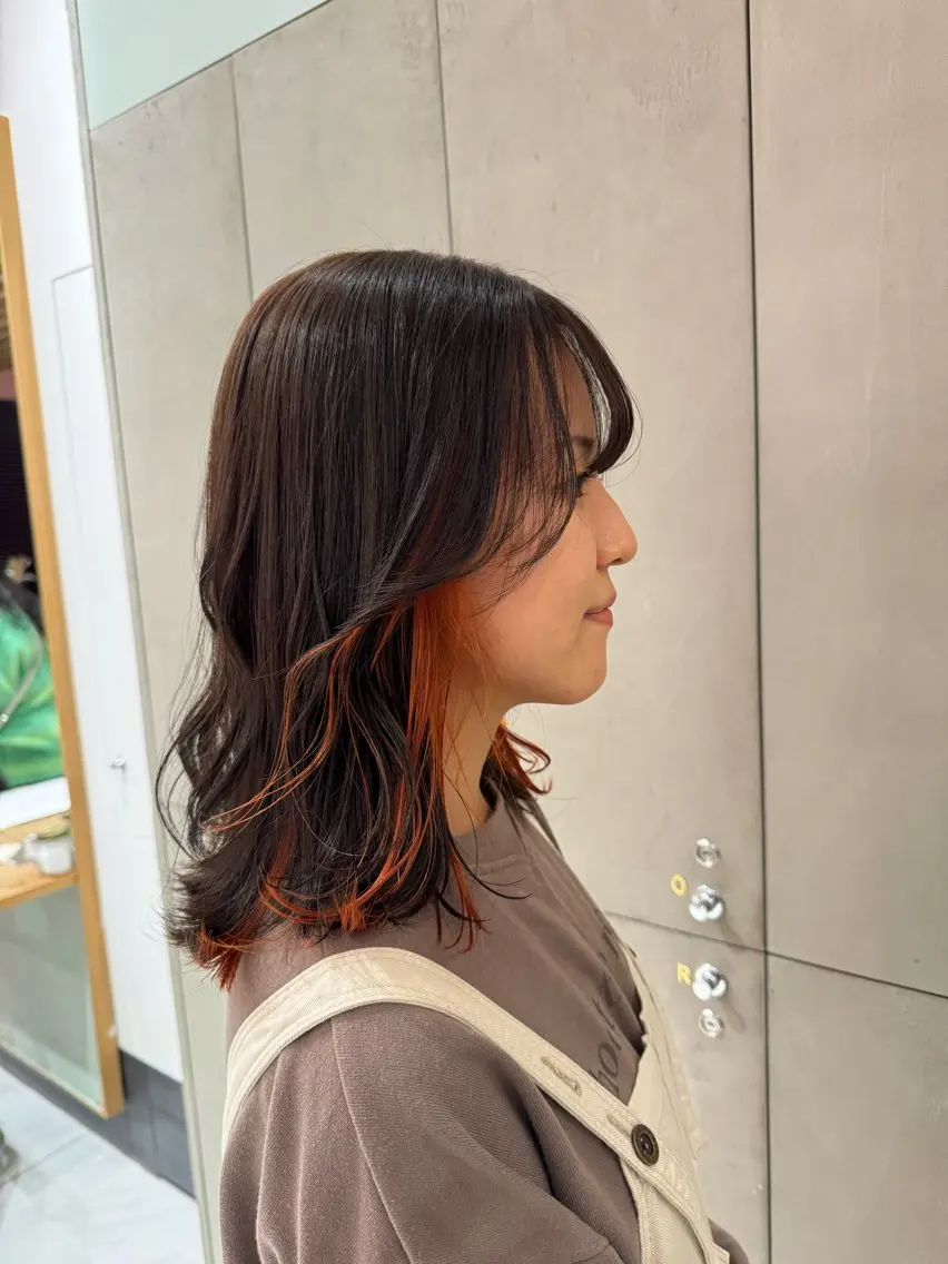 ミディアム カラー イヤリングカラー オレンジ ヘアカラー アオヌマミユ☁️ /ボブ/ハイトーン/のヘアスタイル