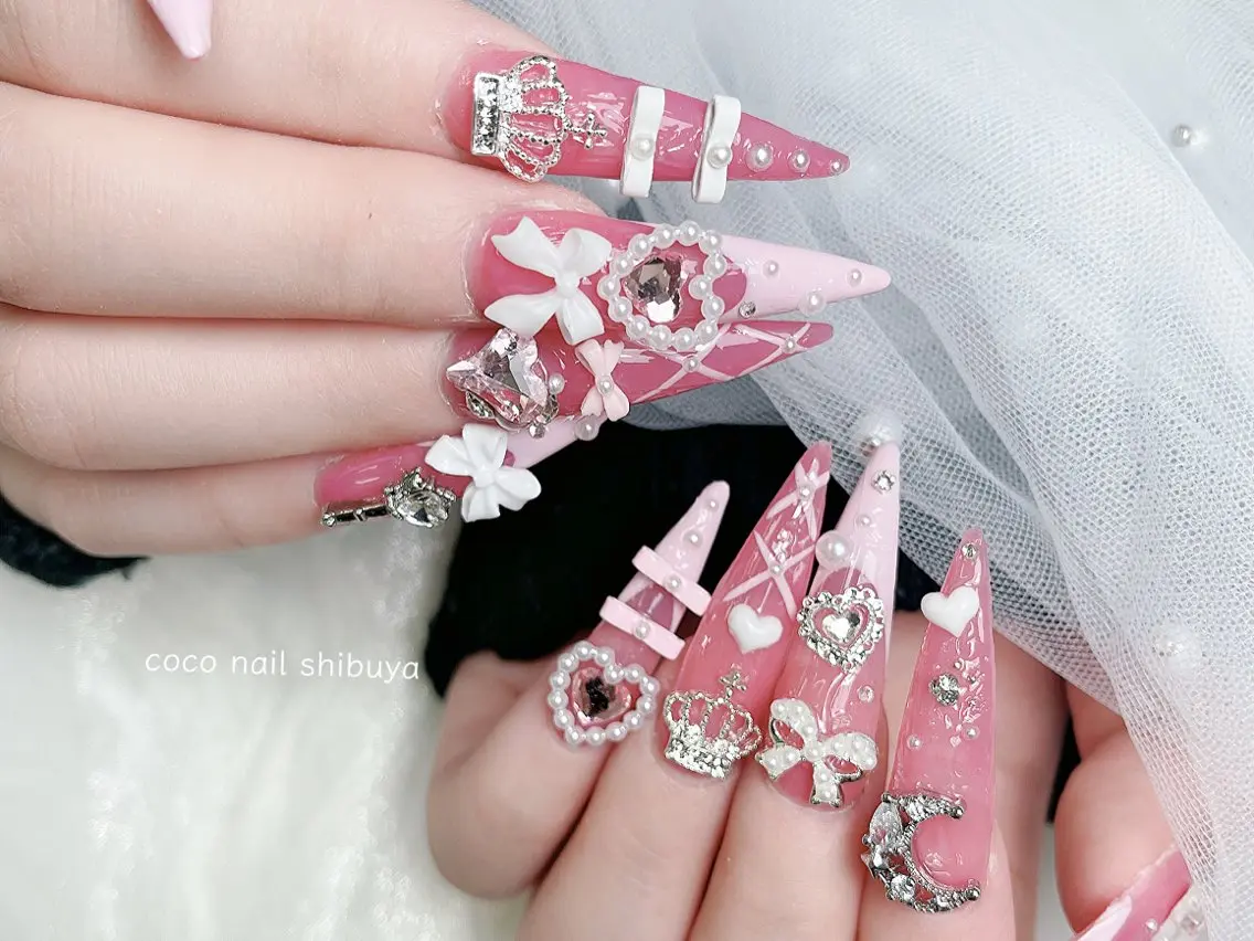 ネイル 成人式 大理石ネイル(マーブル) リボン 夏ネイル ネイルチップ CoCo Nail 長さ出し専門店のネイルデザイン
