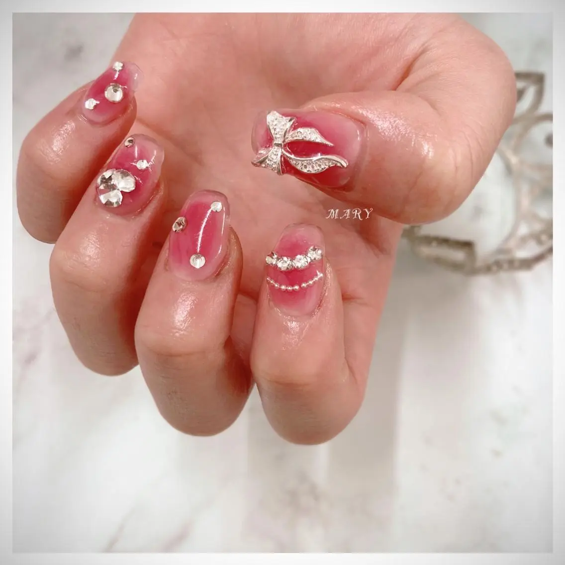 ネイル チークネイル ニュアンスネイル ピンク スクエアネイル ハンドネイル Mary nail .narumiのネイルデザイン