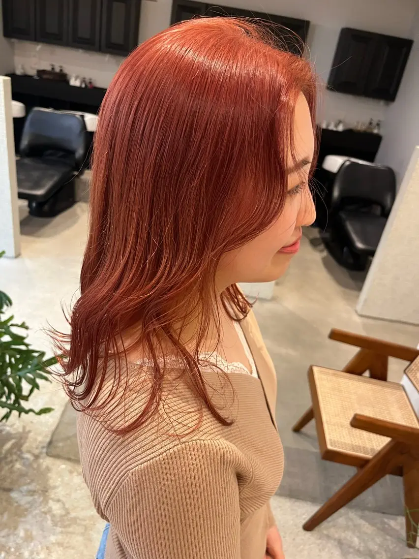 カラー ブリーチ ケアブリーチ オレンジ オレンジレッド レッドカラー 無料カットモデル募集 ／ueno aiのヘアスタイル
