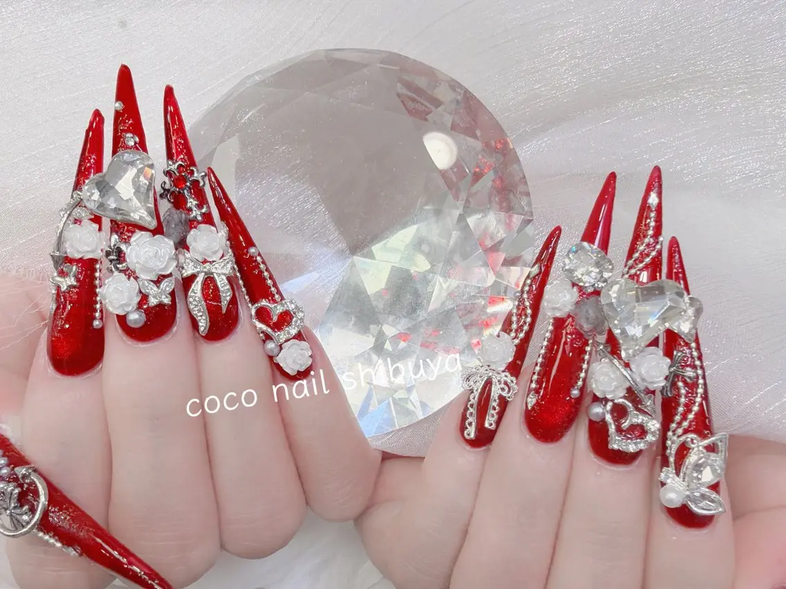 ネイル 成人式 大理石ネイル(マーブル) リボン 夏ネイル ネイルチップ ハンドネイル CoCo Nail 長さ出し専門店のネイルデザイン