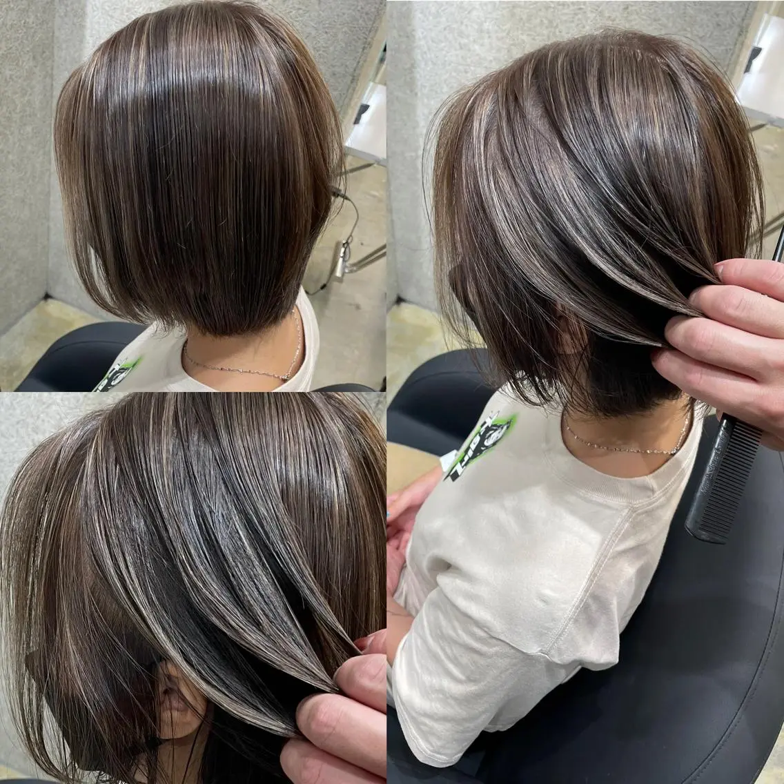 ミディアム ボブレイヤー ミディアムパーマ ミストバング ボブ ハイライト ヘアカラー トリートメント 韓国風レイヤー ハイトーンRYOTAのヘアスタイル